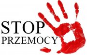 Dłoń powstrzymująca z napisem stop przemocy